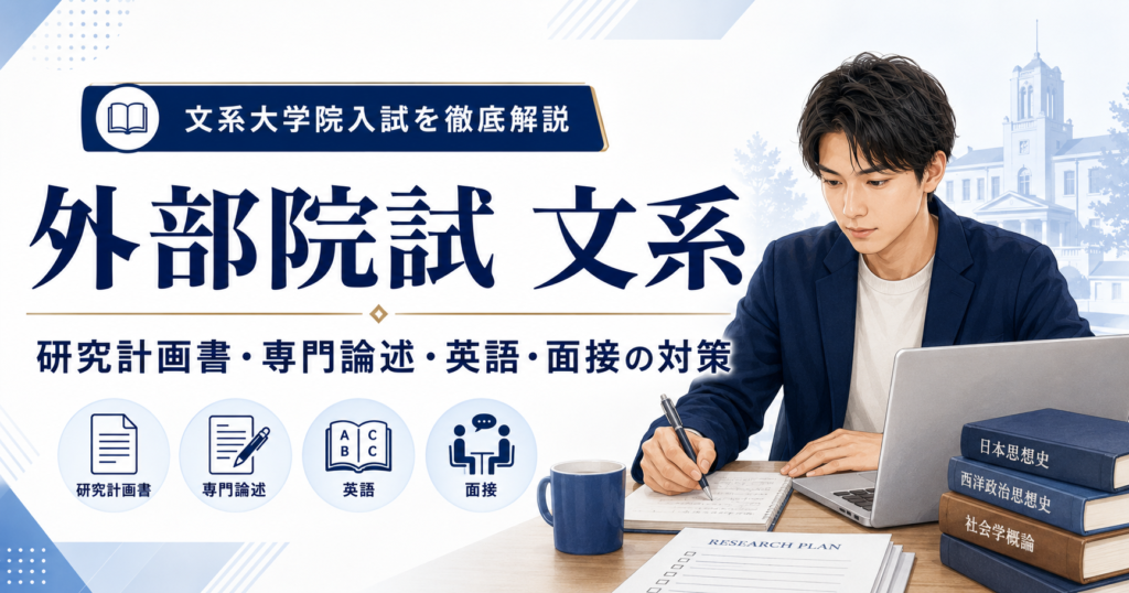 外部院試 文系の対策を解説するアイキャッチ画像。研究計画書、専門論述、英語、面接対策を示す文系大学院入試向けのビジュアル