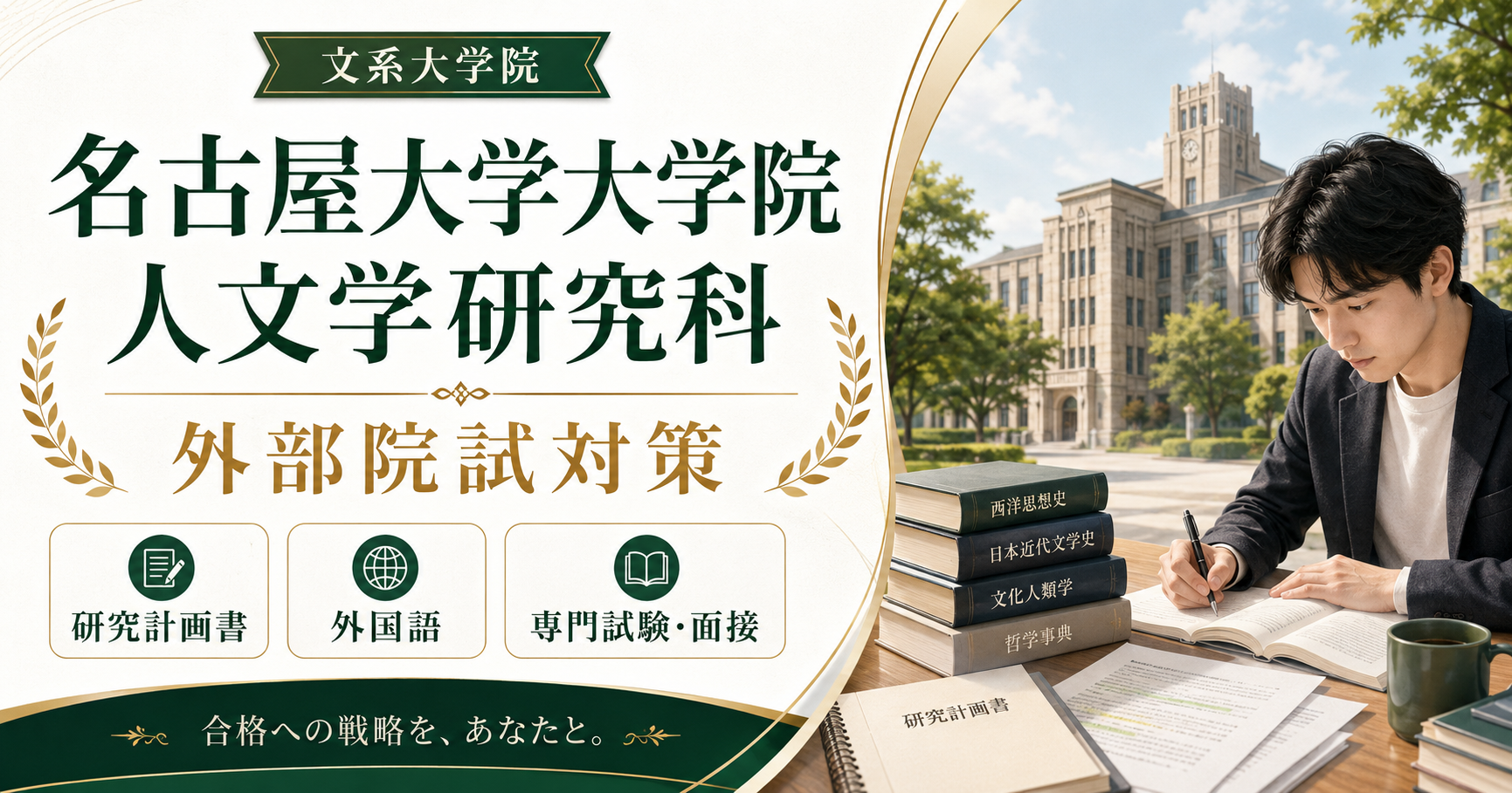 名古屋大学大学院人文学研究科の外部院試対策をテーマに、研究計画書・外国語・専門試験・面接の準備を表現したアイキャッチ画像