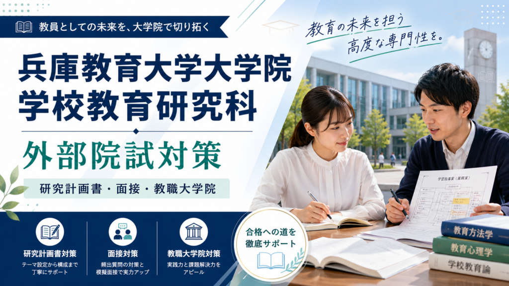 兵庫教育大学大学院 学校教育研究科の外部院試対策をテーマに、研究計画書・面接・教職大学院対策をイメージしたアイキャッチ画像
