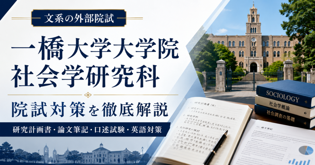 b 一橋大学大学院社会学研究科の院試対策を解説するアイキャッチ画像。研究計画書、論文筆記、口述試験、英語対策を表現。