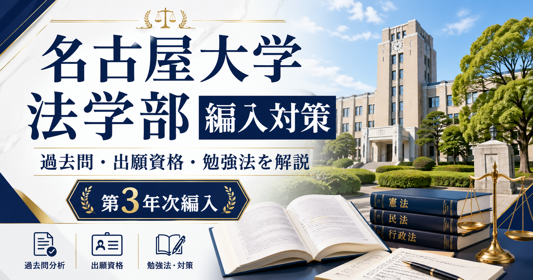 名古屋大学法学部の第3年次編入対策を解説するアイキャッチ画像