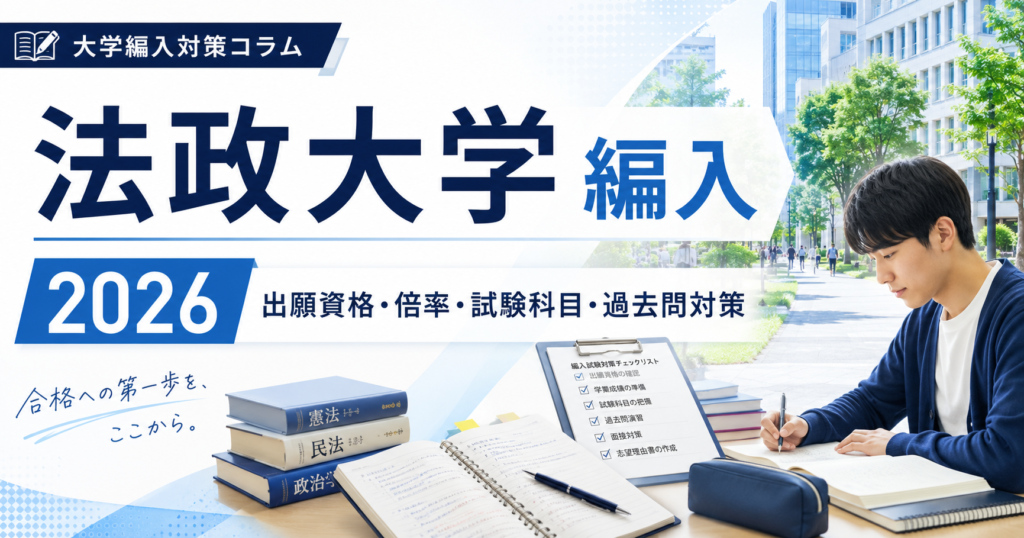 法政大学編入の対策コラムのアイキャッチ画像。2026年度の出願資格、倍率、試験科目、過去問対策を解説する内容を示した画像。
