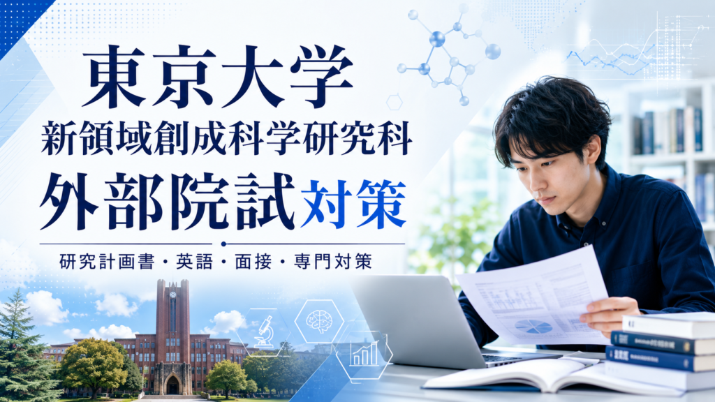 東京大学大学院新領域創成科学研究科の外部院試対策を表す、研究資料を確認する受験生とキャンパス・研究アイコンのアイキャッチ画像