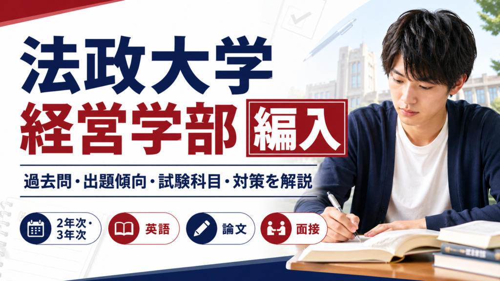 法政大学経営学部編入の過去問・出題傾向・試験科目・英語・論文・面接対策を解説する記事のアイキャッチ画像