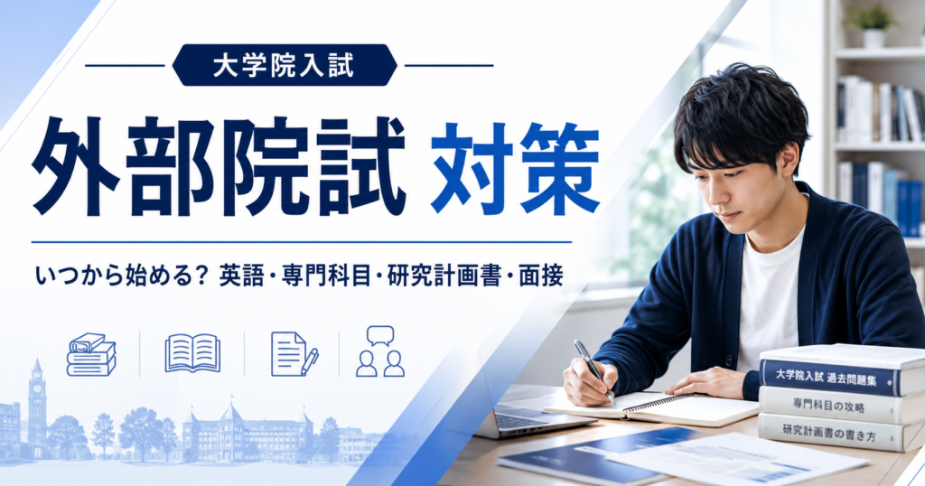 b 外部院試対策について、英語・専門科目・研究計画書・面接の準備を解説する大学院入試コラムのアイキャッチ画像
