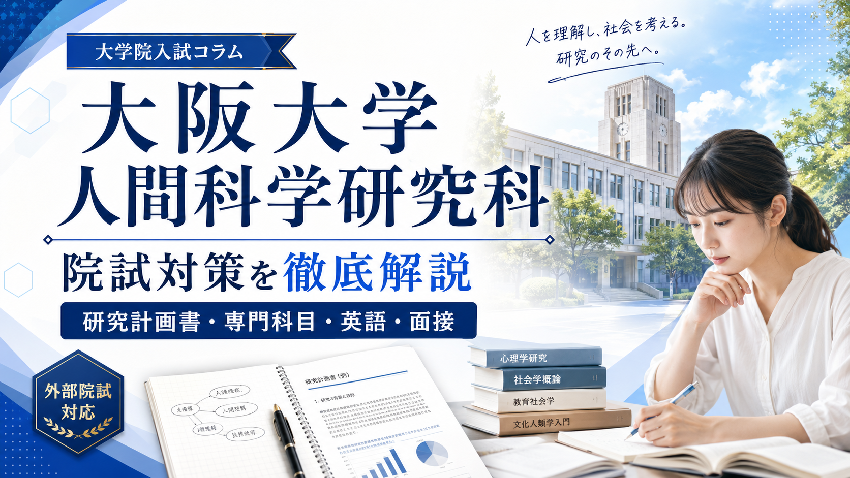 大阪大学大学院人間科学研究科の院試対策を示すアイキャッチ。研究計画書、専門科目、英語、面接準備と学習中の受験生を表現。