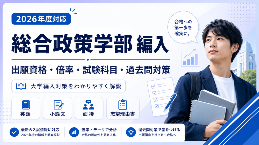 総合政策学部編入の出願資格・倍率・試験科目・過去問対策を解説するアイキャッチ画像