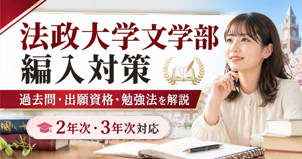 法政大学文学部の編入対策について、過去問・出願資格・勉強法を解説する記事のサムネイル