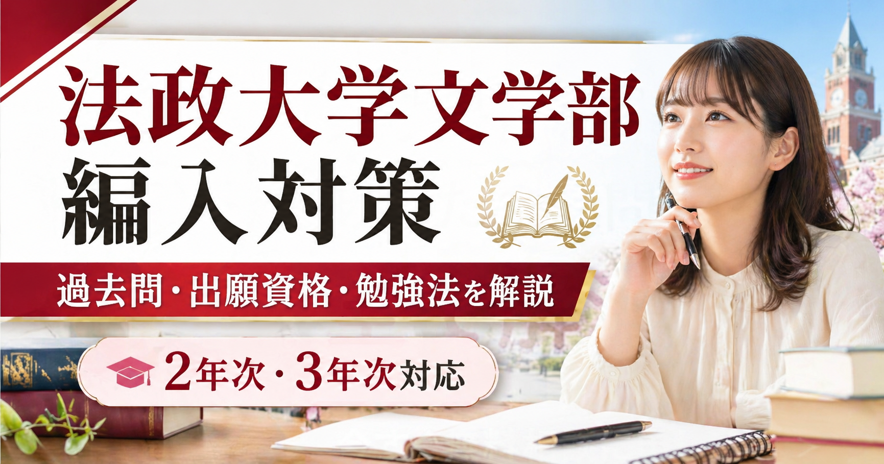法政大学文学部の編入対策について、過去問・出願資格・勉強法を解説する記事のサムネイル