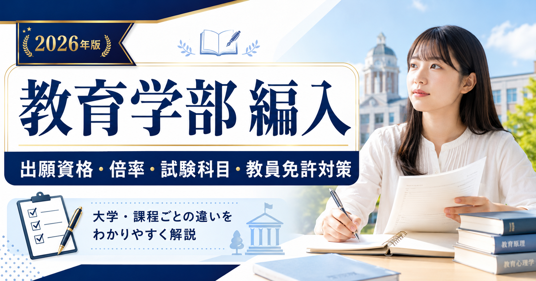 教育学部編入の出願資格・倍率・試験科目・教員免許対策を解説するアイキャッチ画像