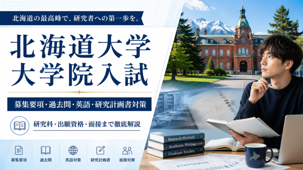 北海道大学大学院入試の対策を解説するアイキャッチ画像。募集要項、過去問、英語、研究計画書、面接対策を紹介。