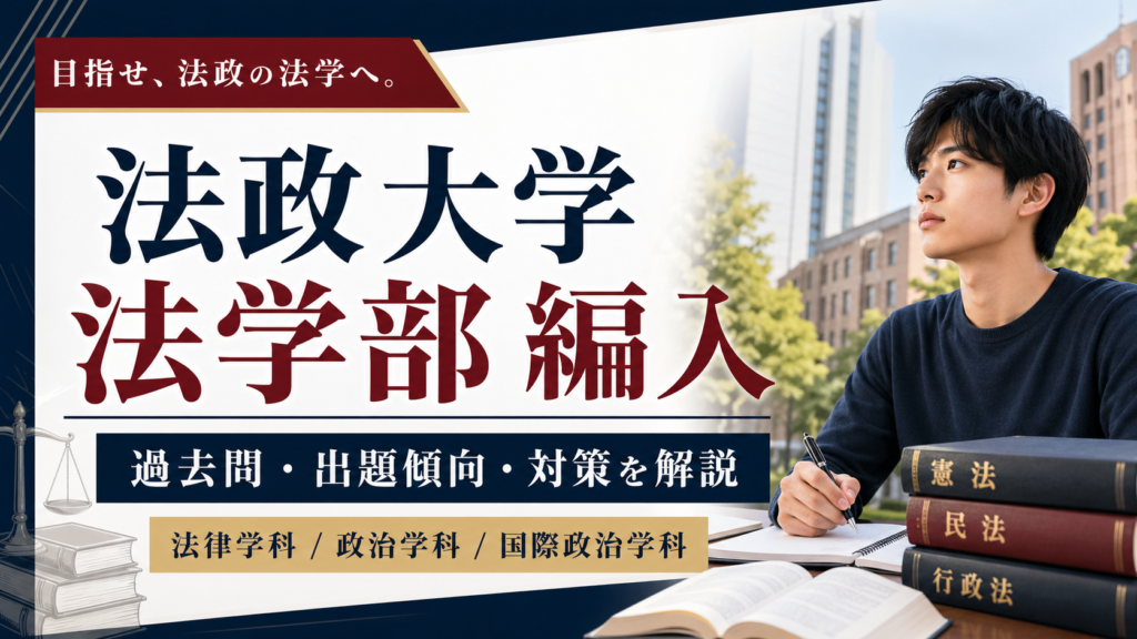 代替テキスト： 法政大学法学部編入の対策記事を表すアイキャッチ画像。法律学科・政治学科・国際政治学科の過去問、出題傾向、試験対策を解説。