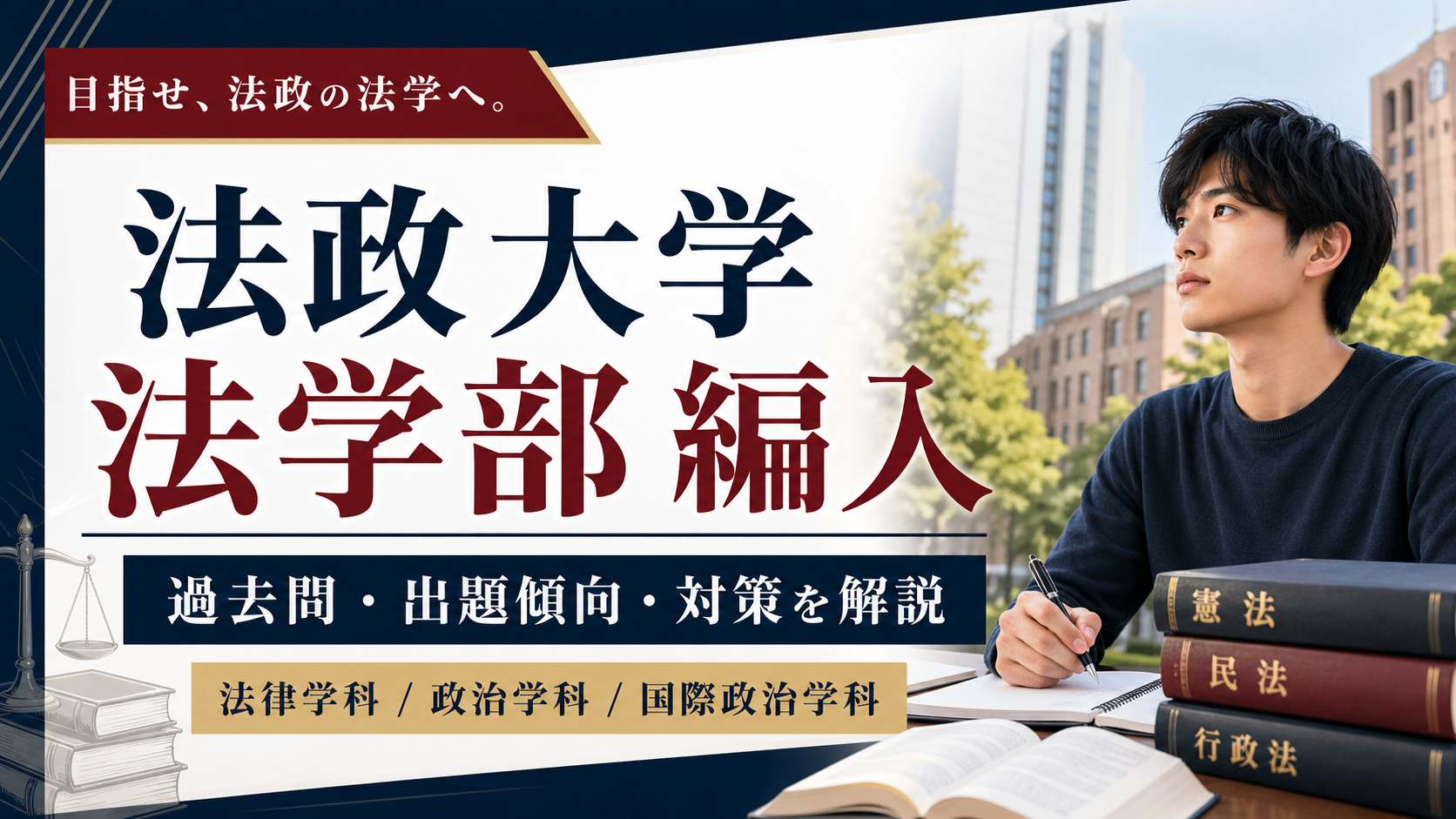 代替テキスト： 法政大学法学部編入の対策記事を表すアイキャッチ画像。法律学科・政治学科・国際政治学科の過去問、出題傾向、試験対策を解説。