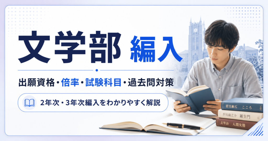 文学部編入の出願資格・倍率・試験科目・過去問対策を解説するアイキャッチ画像