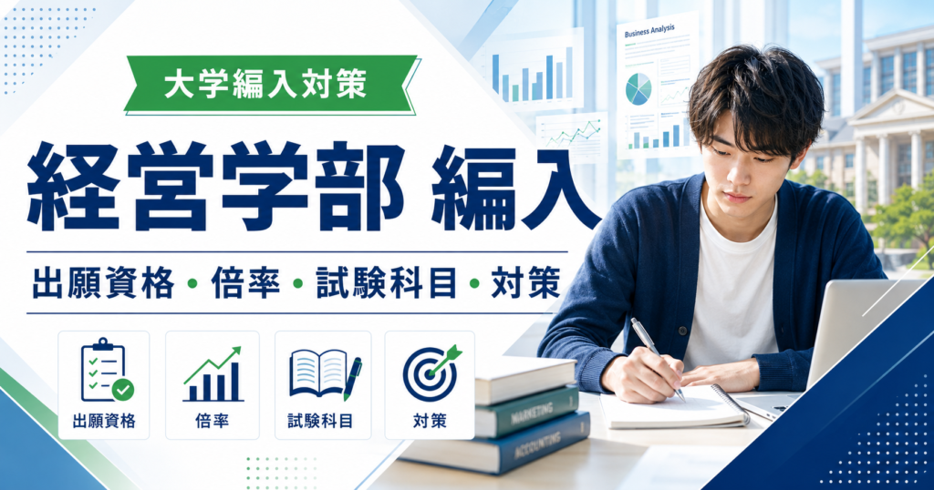 経営学部編入の出願資格・倍率・試験科目・対策を解説するアイキャッチ画像