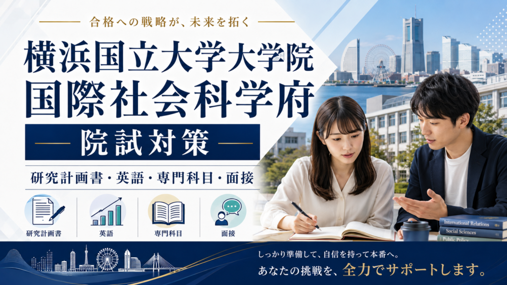 横浜国立大学大学院 国際社会科学府の院試対策を解説するアイキャッチ画像。研究計画書、英語、専門科目、面接の対策ポイントを示したデザイン。