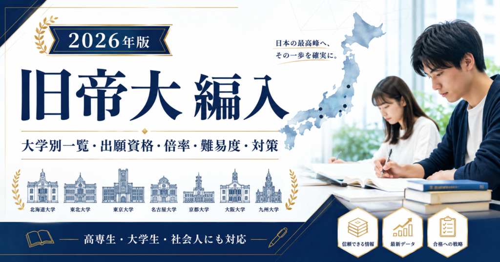 2026年版の旧帝大 編入を解説する記事のアイキャッチ画像。勉強する学生、日本地図、7大学を示す建物イラストが配置されている。