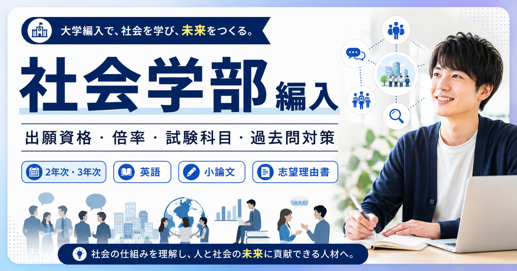 社会学部編入の出願資格・倍率・試験科目・過去問対策を解説する記事のアイキャッチ画像