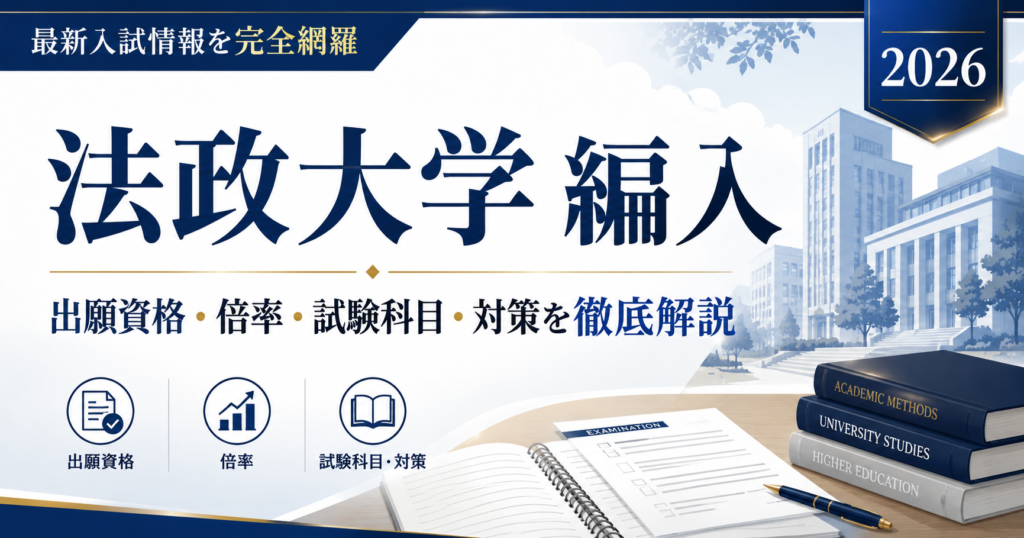 代替テキスト： 法政大学編入の記事アイキャッチ。2026年度の出願資格・倍率・試験科目・対策を解説する教育系バナー画像