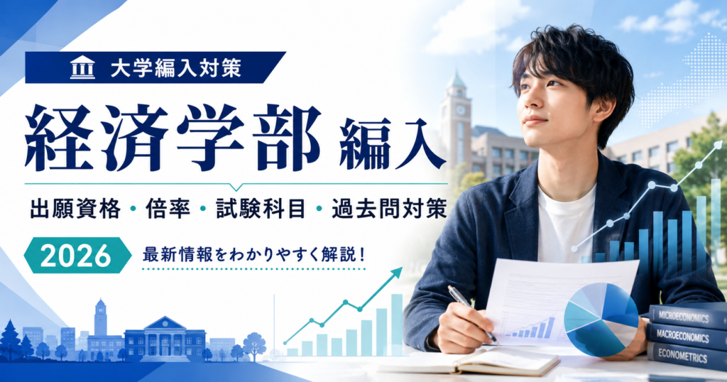 経済学部編入の出願資格・倍率・試験科目・過去問対策を解説するアイキャッチ画像