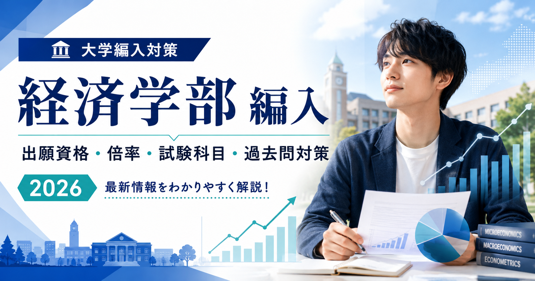 経済学部編入の出願資格・倍率・試験科目・過去問対策を解説するアイキャッチ画像