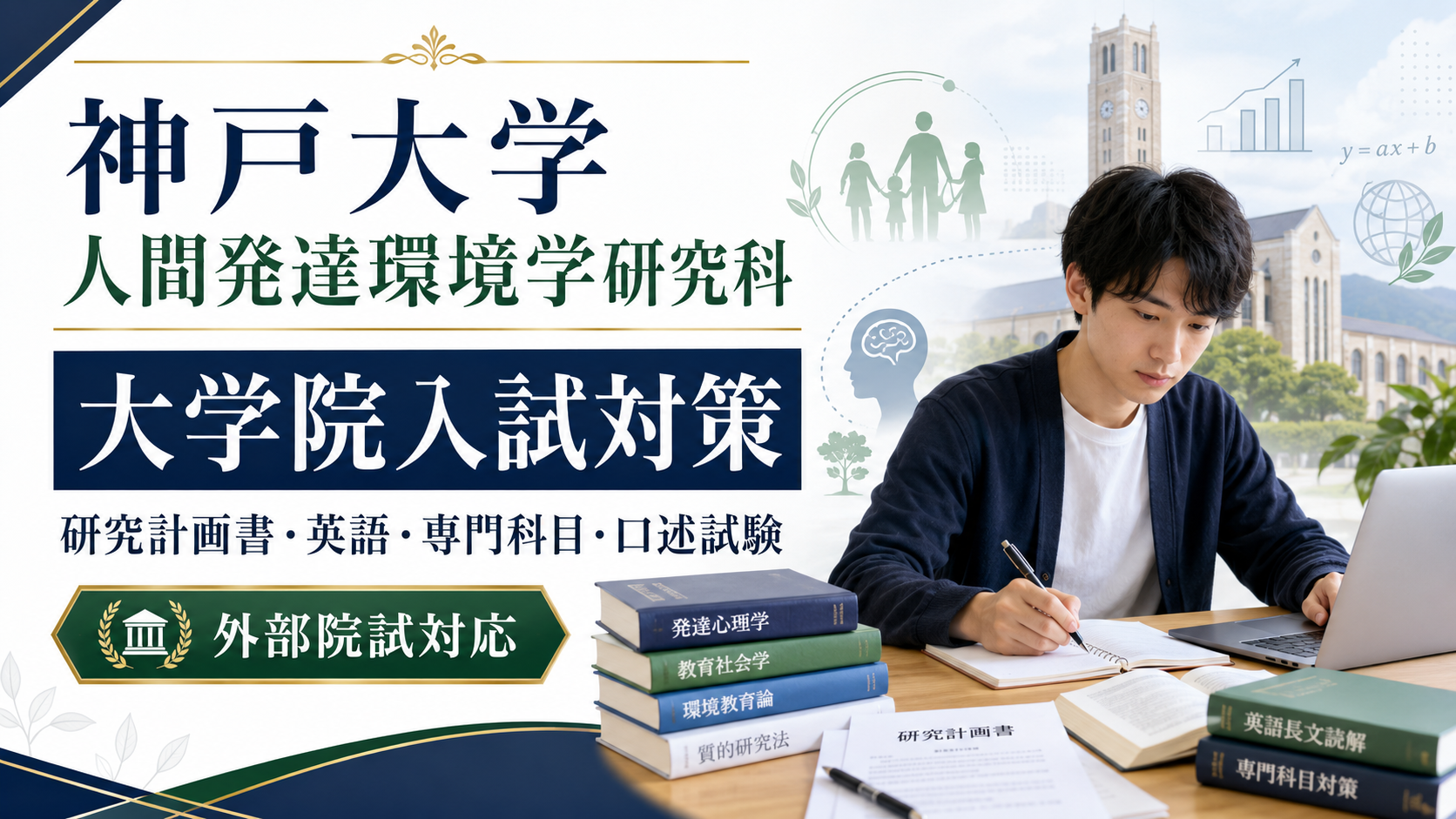 神戸大学大学院人間発達環境学研究科の院試対策を表す、研究計画書や英語・専門科目の本を前に学習する学生のアイキャッチ画像