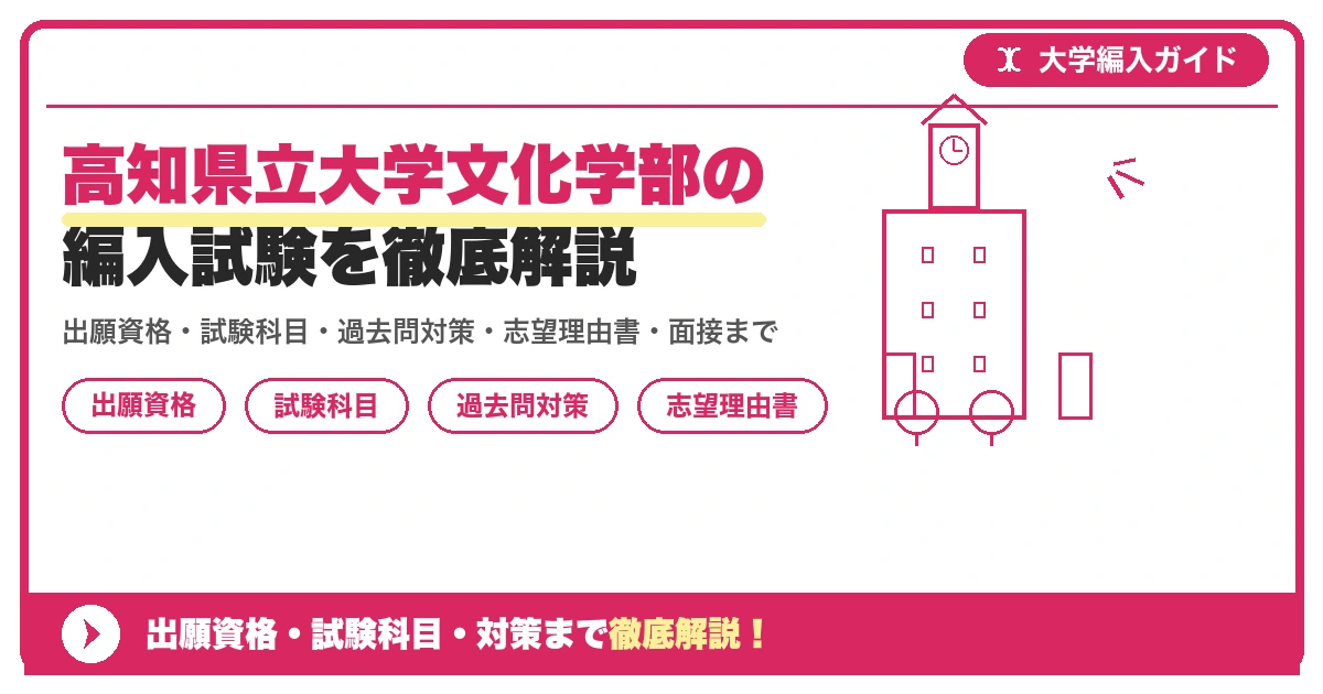 高知県立大学文化学部の編入試験を徹底解説の記事アイキャッチ画像。大学編入対策の出願資格・試験科目・対策を示す図解。