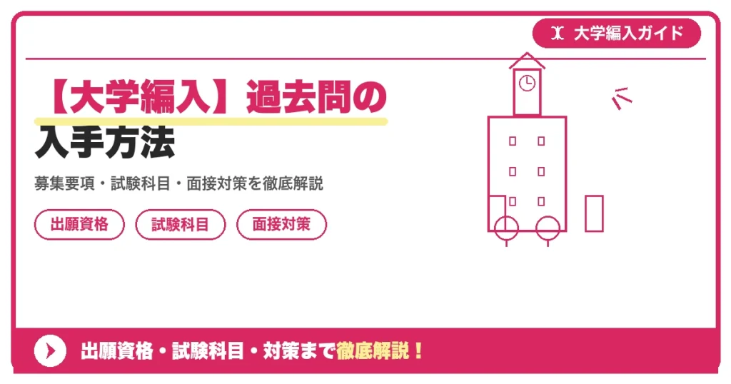 【大学編入】過去問の入手方法の記事アイキャッチ画像。大学編入対策の出願資格・試験科目・対策を示す図解。
