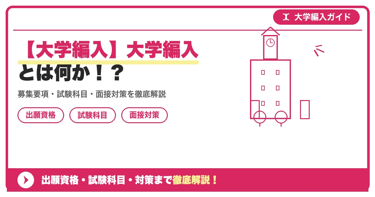 【大学編入】大学編入とは何か！？の記事アイキャッチ画像。大学編入対策の出願資格・試験科目・対策を示す図解。