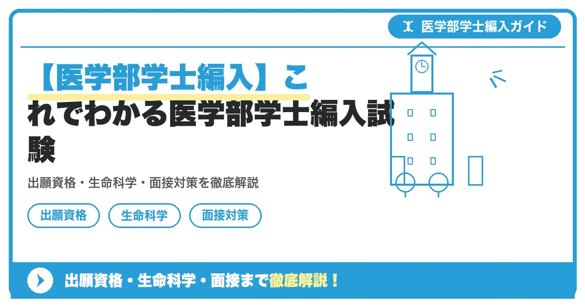 【医学部学士編入】これでわかる医学部学士編入試験の記事アイキャッチ画像。医学部学士編入対策の出願資格・試験科目・対策を示す図解。