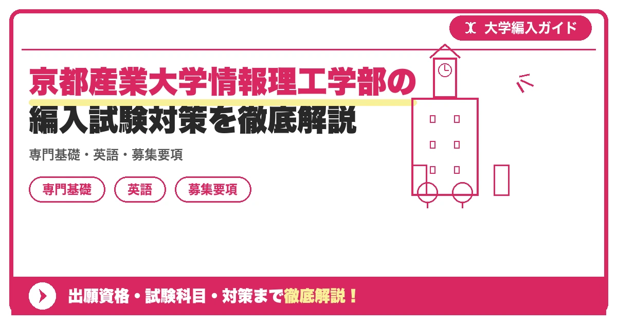 京都産業大学情報理工学部の編入試験対策を徹底解説の記事アイキャッチ画像。大学編入対策の出願資格・試験科目・対策を示す図解。