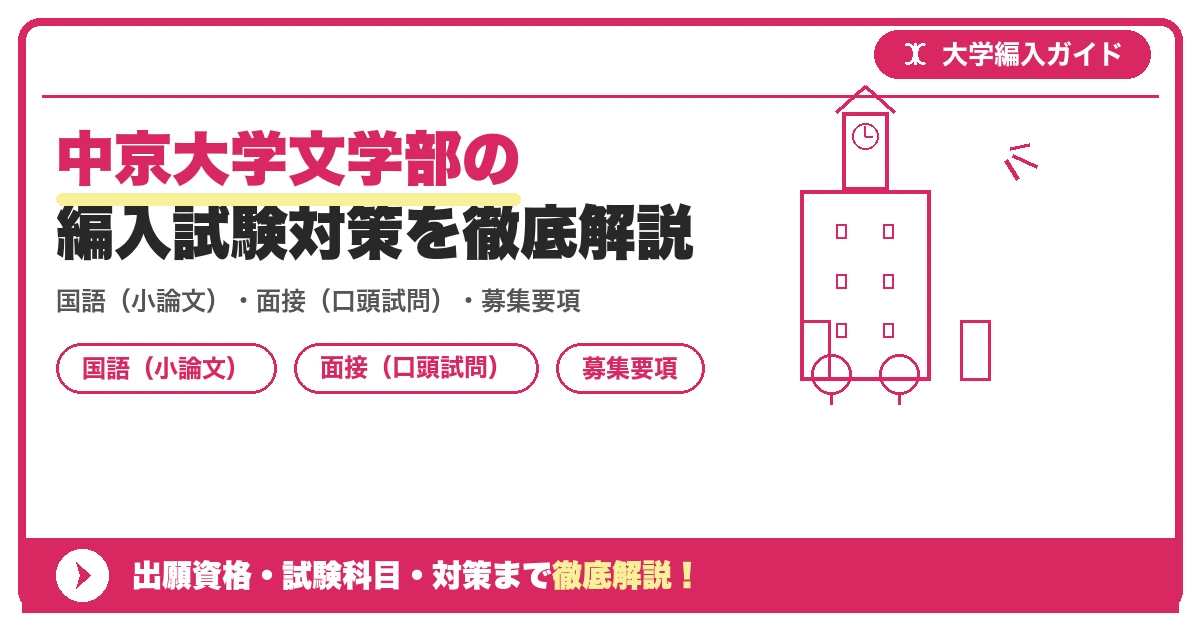 中京大学文学部の編入試験対策を徹底解説の記事アイキャッチ画像。大学編入対策の出願資格・試験科目・対策を示す図解。