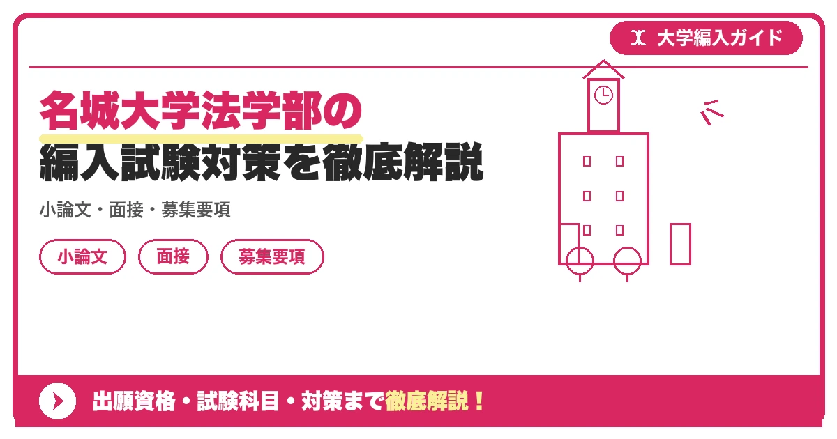 名城大学法学部の編入試験対策を徹底解説の記事アイキャッチ画像。大学編入対策の出願資格・試験科目・対策を示す図解。