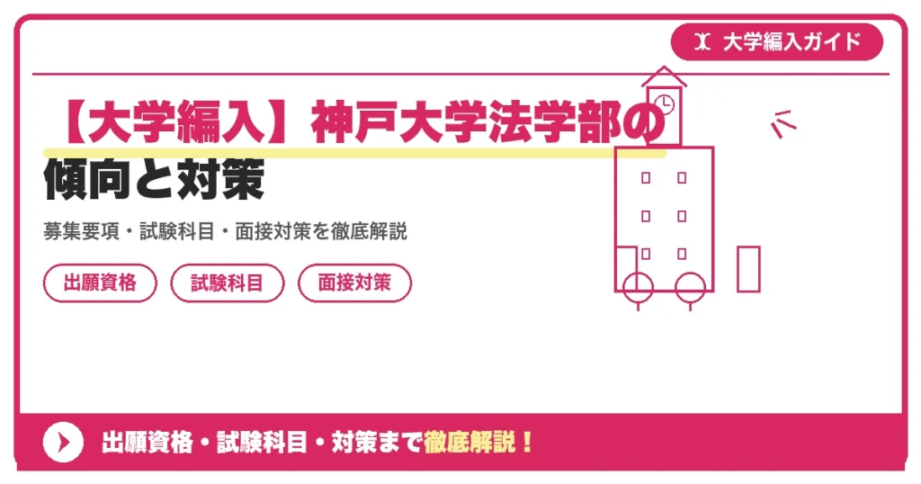 【大学編入】神戸大学法学部の傾向と対策の記事アイキャッチ画像。大学編入対策の出願資格・試験科目・対策を示す図解。