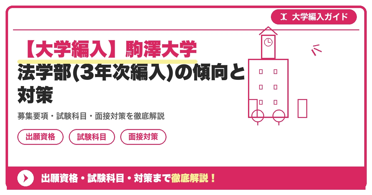 【大学編入】駒澤大学法学部(3年次編入)の傾向と対策の記事アイキャッチ画像。大学編入対策の出願資格・試験科目・対策を示す図解。