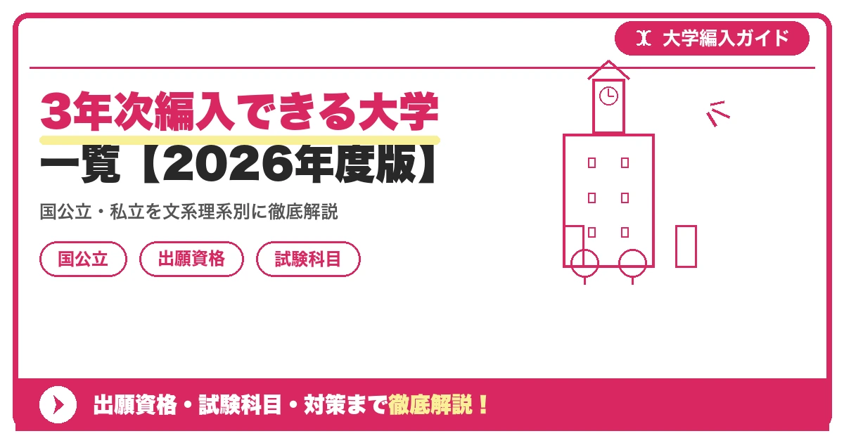 3年次編入できる大学一覧【2026年度版】の記事アイキャッチ画像。大学編入対策の出願資格・試験科目・対策を示す図解。
