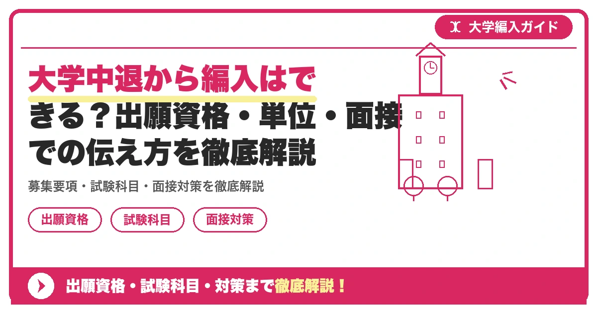 大学中退から編入はできる?出願資格・単位・面接での伝え方を徹底解説の記事アイキャッチ画像。大学編入対策の出願資格・試験科目・対策を示す図解。