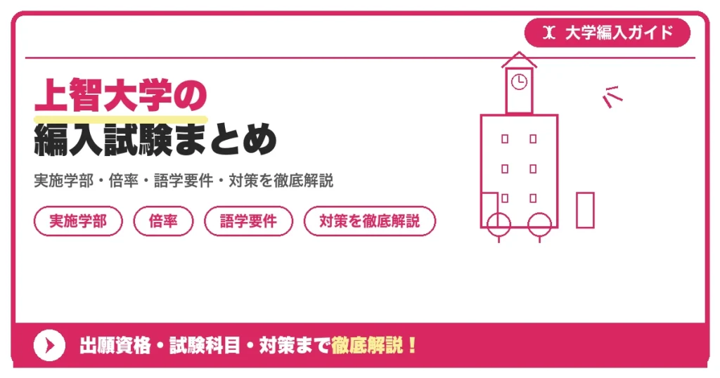 上智大学の編入試験まとめの記事アイキャッチ画像。大学編入対策の出願資格・試験科目・対策を示す図解。