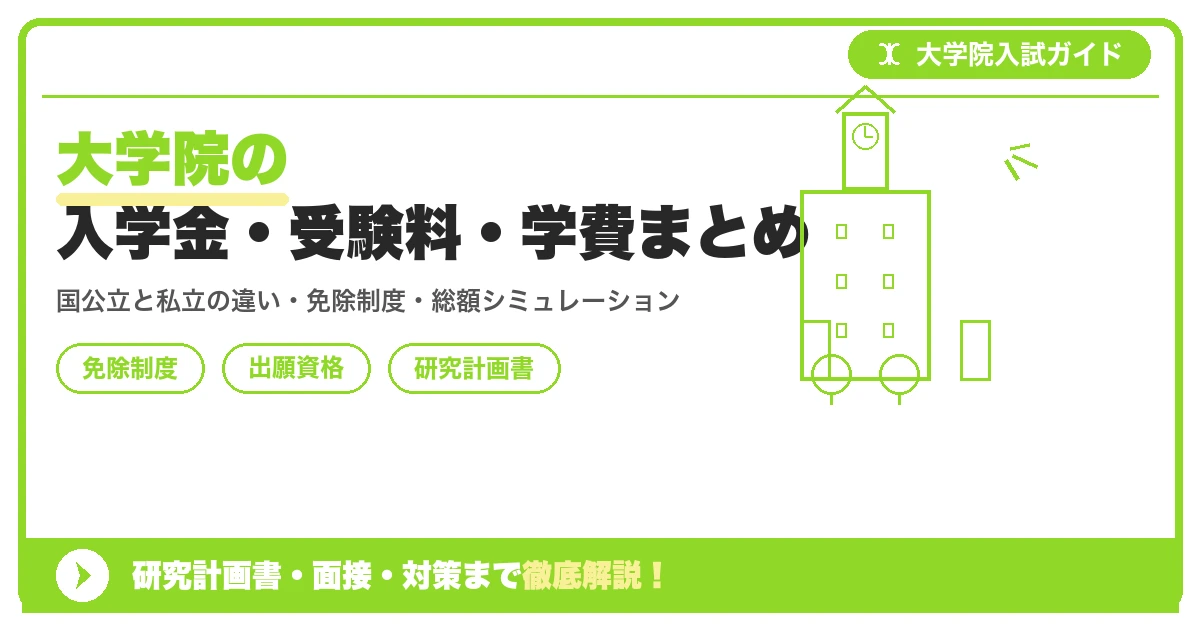 大学院の入学金・受験料・学費まとめの記事アイキャッチ画像。大学院入試対策の出願資格・試験科目・対策を示す図解。