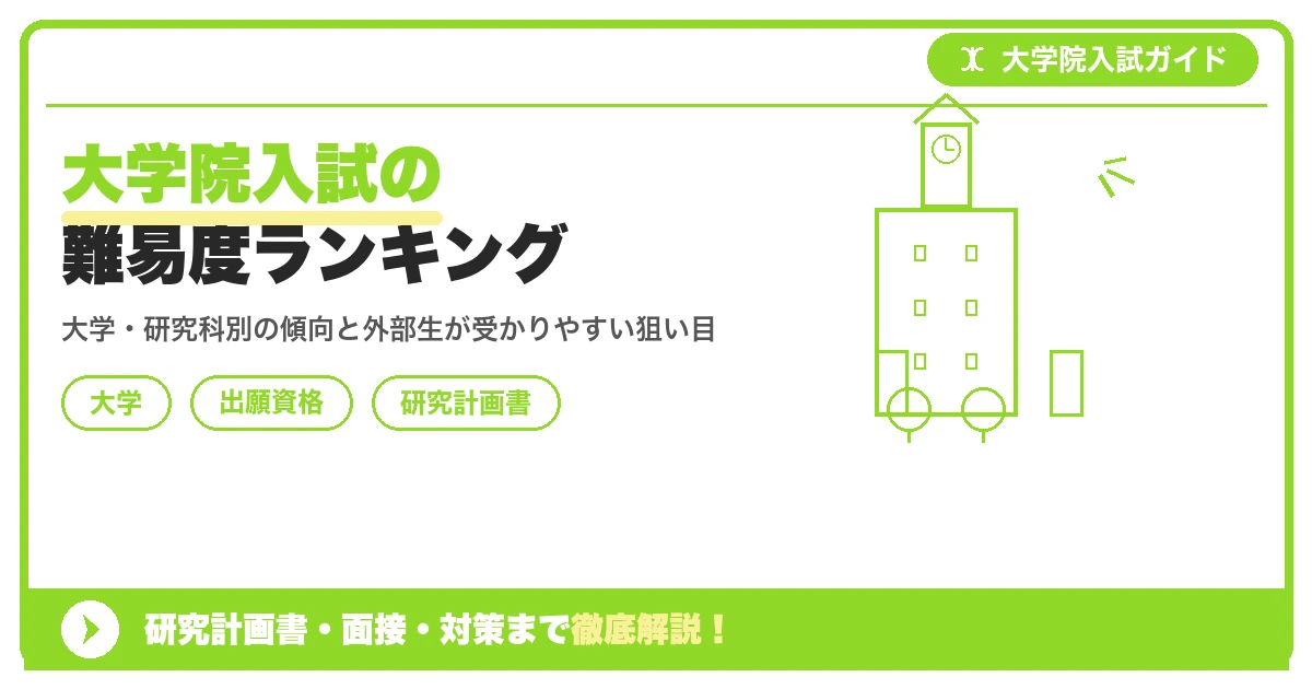 大学院入試の難易度ランキングの記事アイキャッチ画像。大学院入試対策の出願資格・試験科目・対策を示す図解。