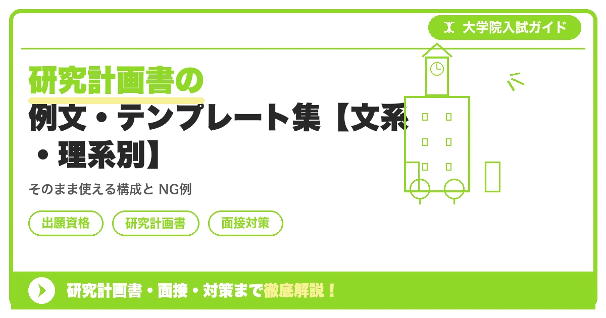 研究計画書の例文・テンプレート集【文系・理系別】の記事アイキャッチ画像。大学院入試対策の出願資格・試験科目・対策を示す図解。