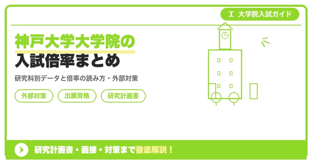 神戸大学大学院の入試倍率まとめの記事アイキャッチ画像。大学院入試対策の出願資格・試験科目・対策を示す図解。