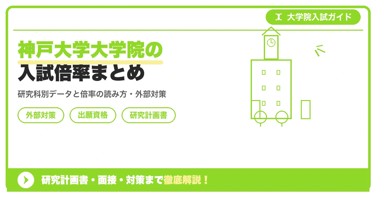 神戸大学大学院の入試倍率まとめの記事アイキャッチ画像。大学院入試対策の出願資格・試験科目・対策を示す図解。