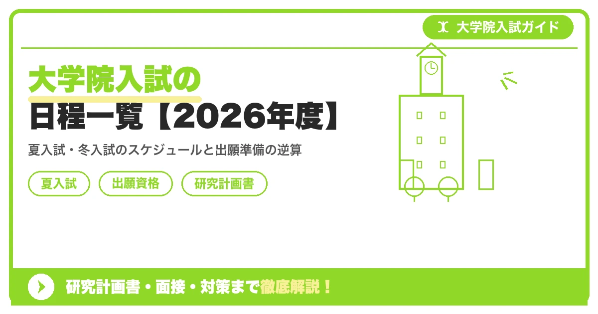 大学院入試の日程一覧【2026年度】の記事アイキャッチ画像。大学院入試対策の出願資格・試験科目・対策を示す図解。