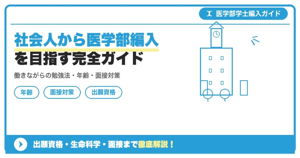 社会人から医学部編入を目指す完全ガイドの記事アイキャッチ画像。医学部学士編入対策の出願資格・試験科目・対策を示す図解。
