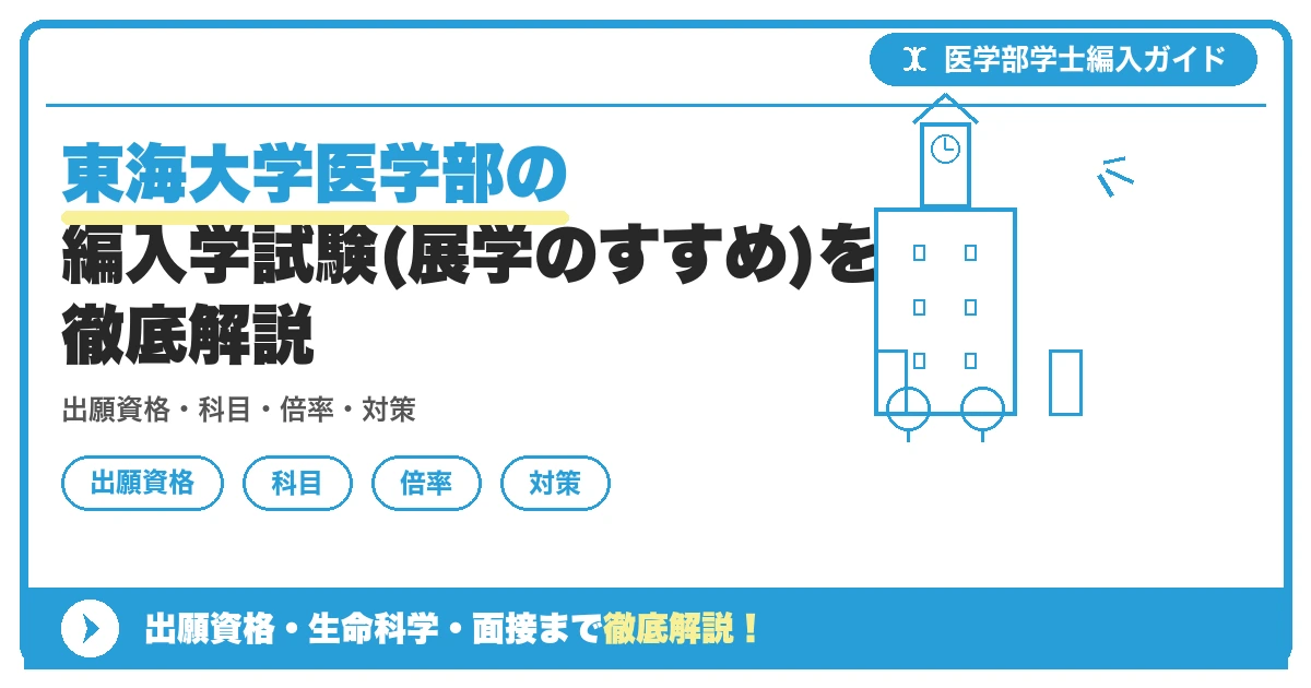 東海大学医学部の編入学試験(展学のすすめ)を徹底解説の記事アイキャッチ画像。医学部学士編入対策の出願資格・試験科目・対策を示す図解。