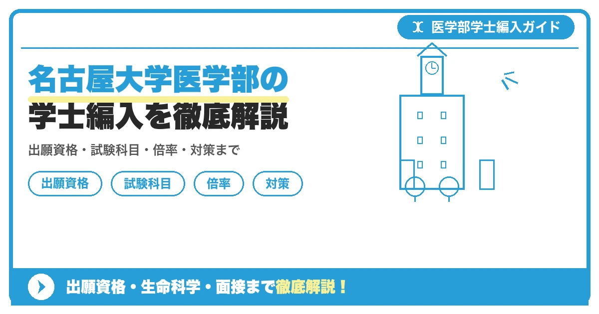 名古屋大学医学部の学士編入を徹底解説の記事アイキャッチ画像。医学部学士編入対策の出願資格・試験科目・対策を示す図解。
