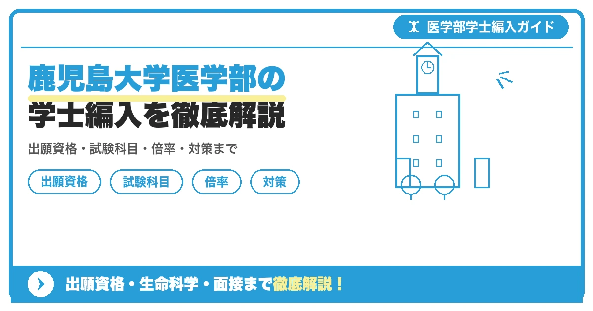 鹿児島大学医学部の学士編入を徹底解説の記事アイキャッチ画像。医学部学士編入対策の出願資格・試験科目・対策を示す図解。
