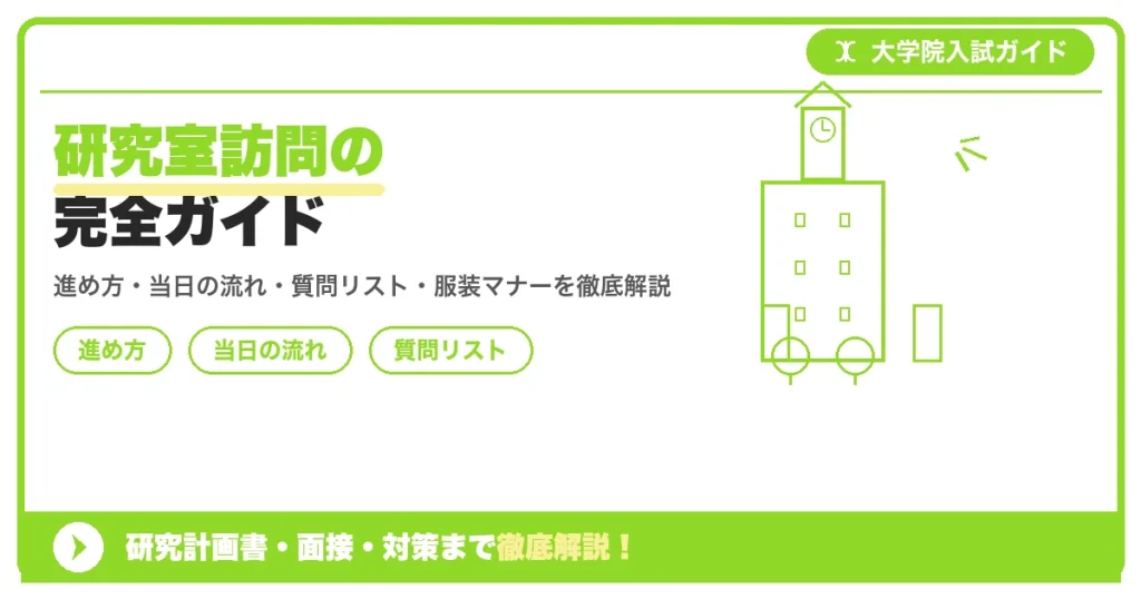 研究室訪問の完全ガイドの記事アイキャッチ画像。大学院入試対策の出願資格・試験科目・対策を示す図解。
