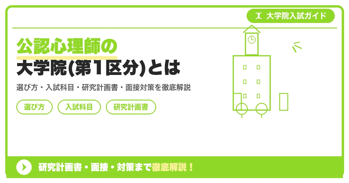 公認心理師の大学院(第1区分)とはの記事アイキャッチ画像。大学院入試対策の出願資格・試験科目・対策を示す図解。